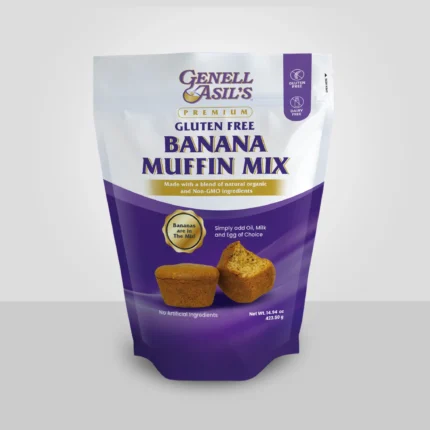 Genell Asil's Premium Gluten Free Dairy Free Banana Muffin Mix 14.94oz package front view - Made with a blend of natural organic and Non-GMO ingredients with real bananas in the mix