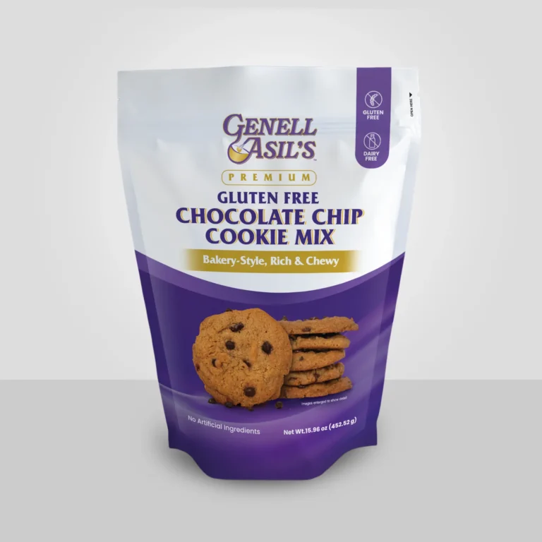 Genell Asil's Premium Gluten Free Dairy Free Chocolate Chip Cookie Mix 15.96oz package front view - Bakery Style Rich and Chewy artisanal baking mix with no artificial ingredients
