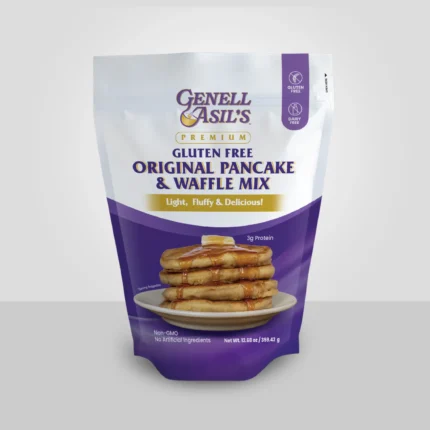 Genell Asil's Premium Gluten Free Dairy Free Original Pancake and Waffle Mix 12.68oz package front view - Light Fluffy and Delicious artisanal baking mix made with natural organic and Non-GMO ingredients