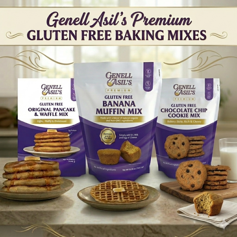 Genell Asil's Premium Gluten Free Dairy Free Baking Mixes hero banner showing all three products - Original Pancake and Waffle Mix, Banana Muffin Mix, and Chocolate Chip Cookie Mix artisanal baking mixes
