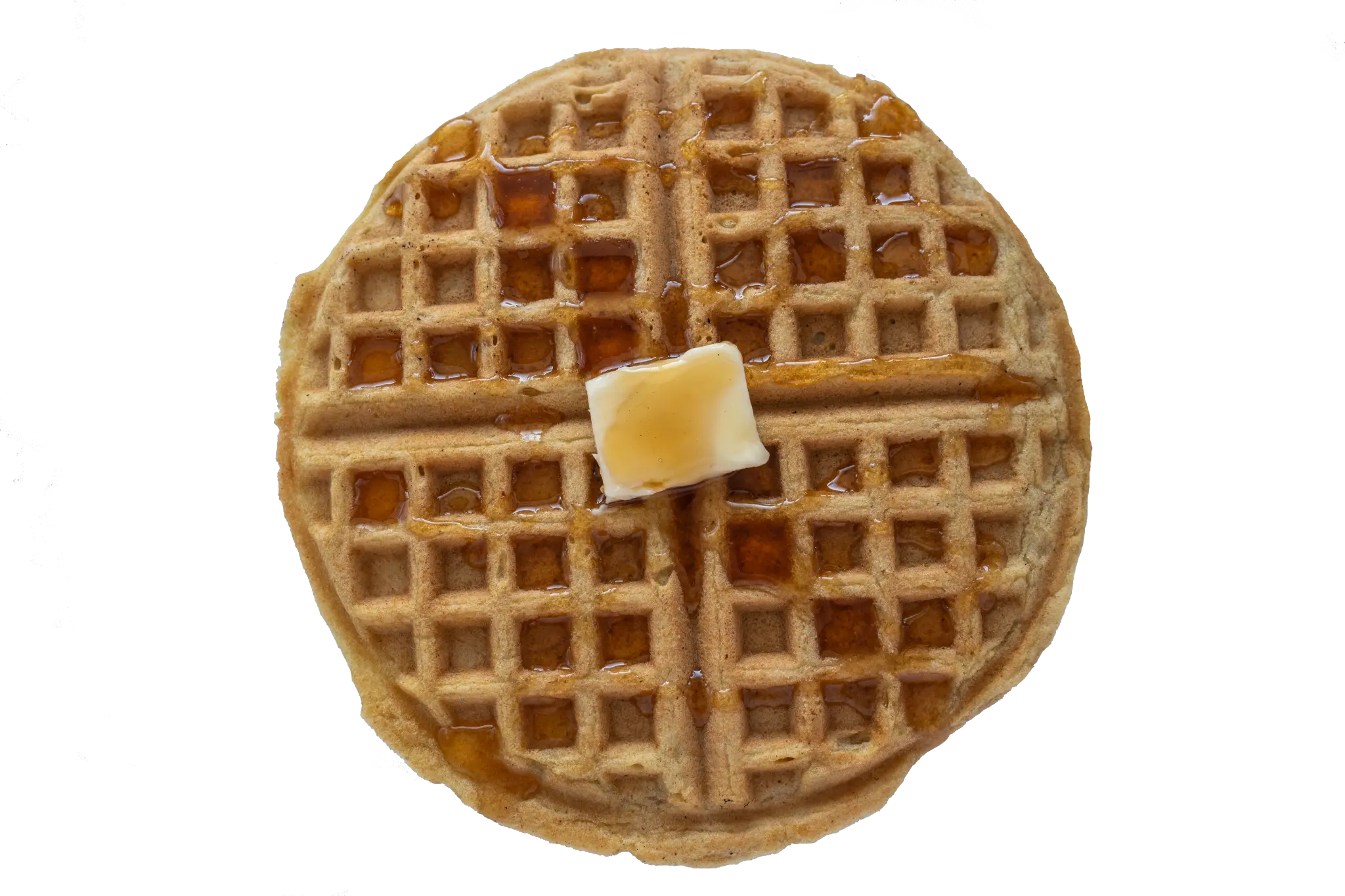 Golden waffle with butter and syrup made from Genell Asil Pancake and Waffle Mix